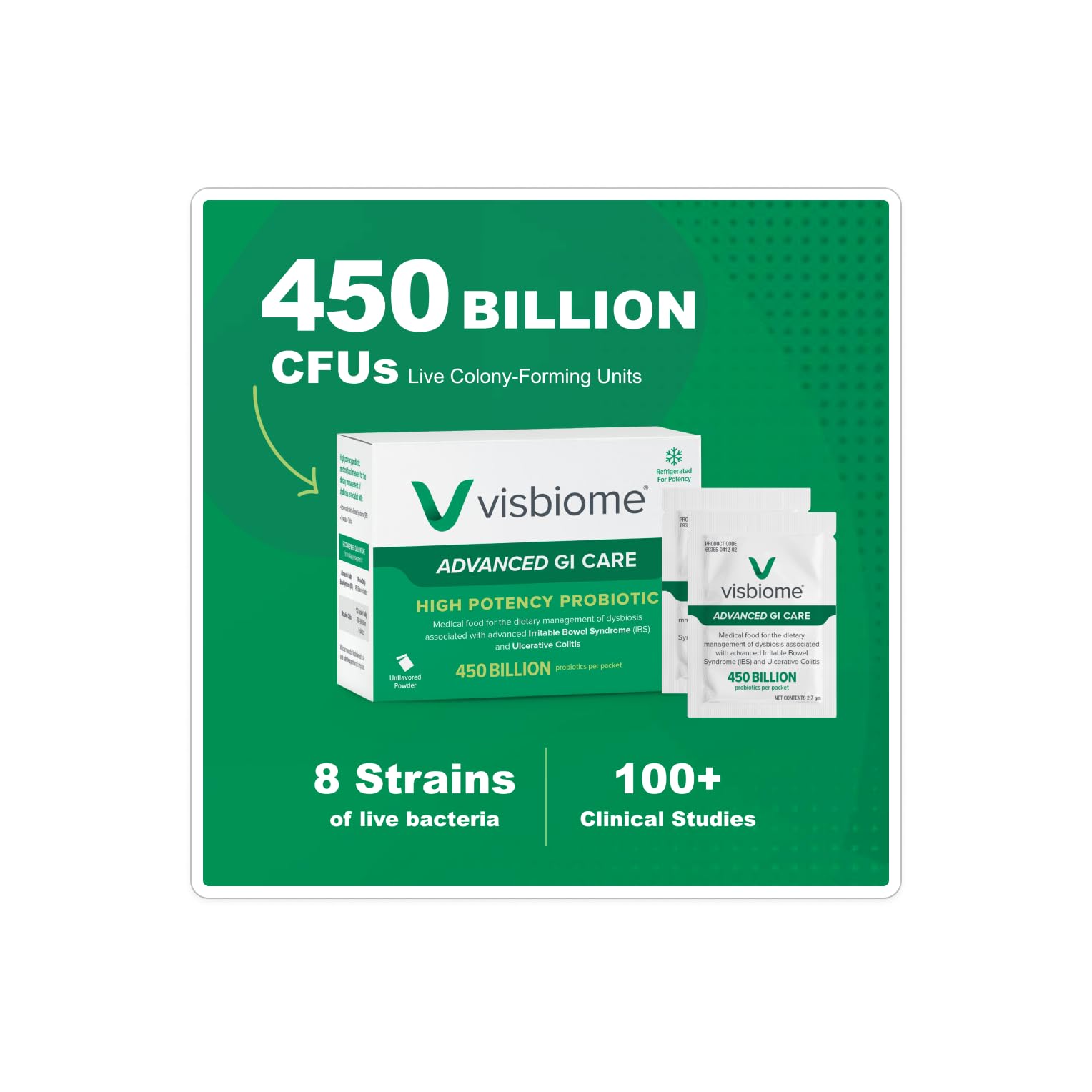 Visbiome® Advanced GI Care - High Potency Probiotic 450 Billion Strength - 30 Packets Unflavored Powder - Original De Simone Formulation - Shipped Cold in Recyclable Cooler with Temperature Monitor.